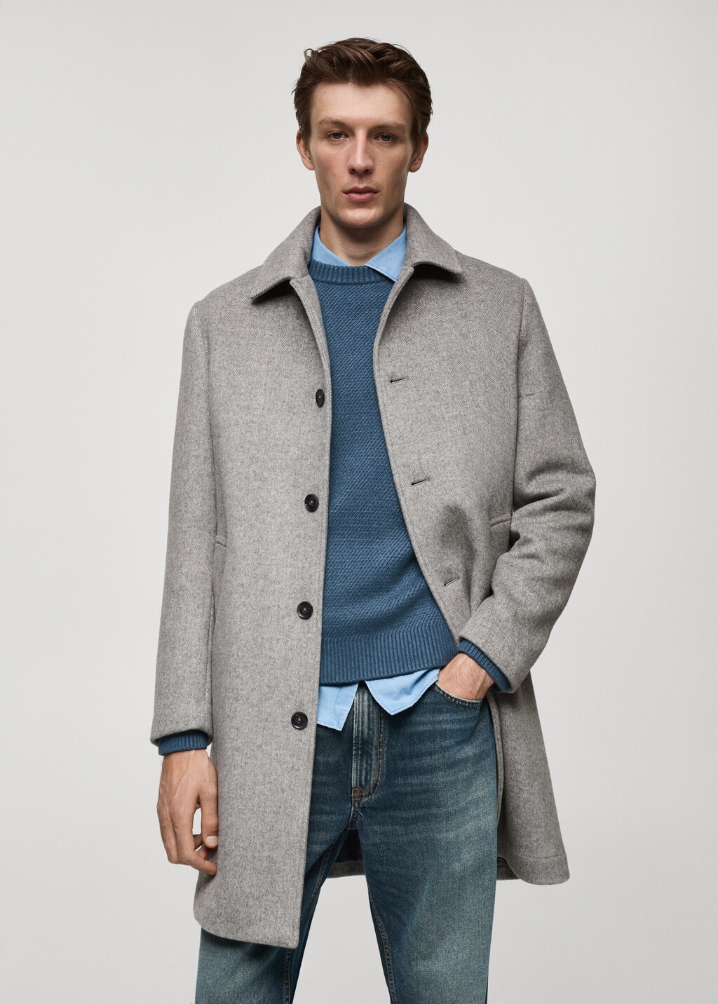 Regular-fit herringbone wool coat - Grey