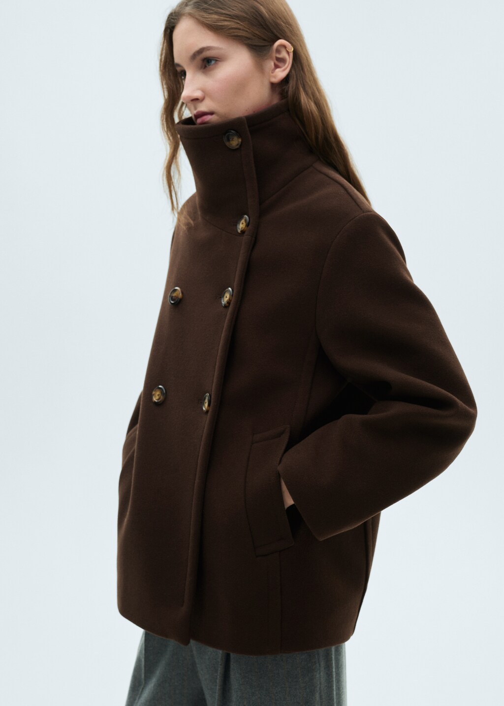Short double-breasted wool coat - Brown