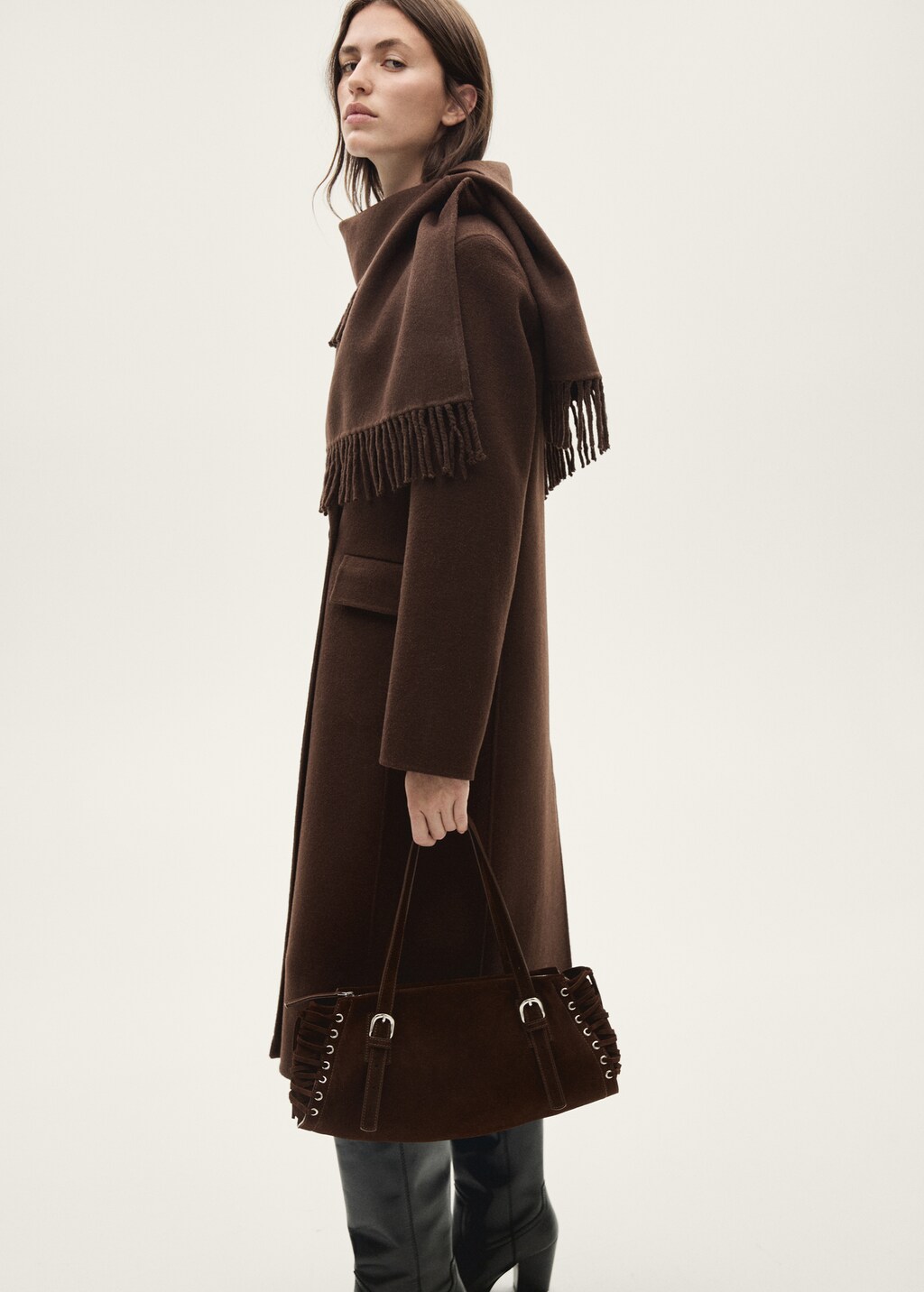 Wool coat with fringed scarf - Chocolate