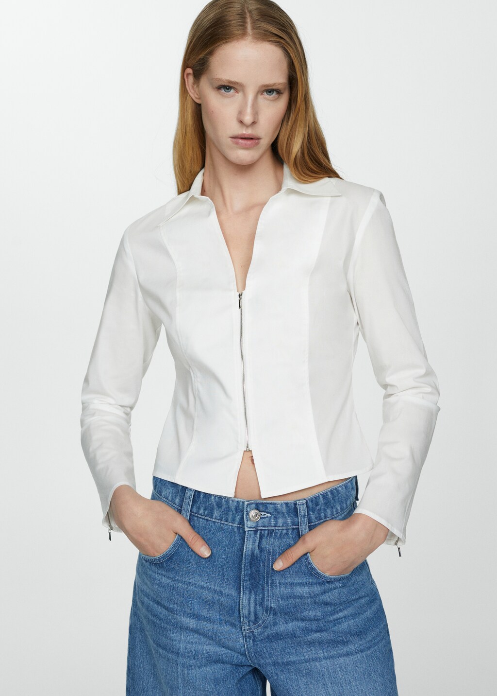 Fitted cotton zipper shirt - Off White