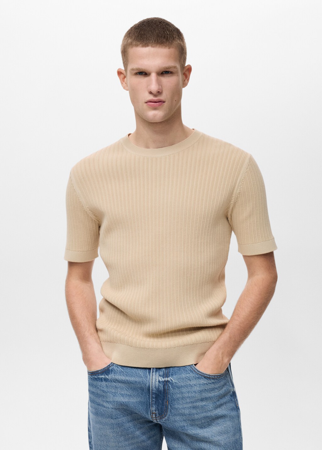 Braided cotton knitted T-shirt - Ecru