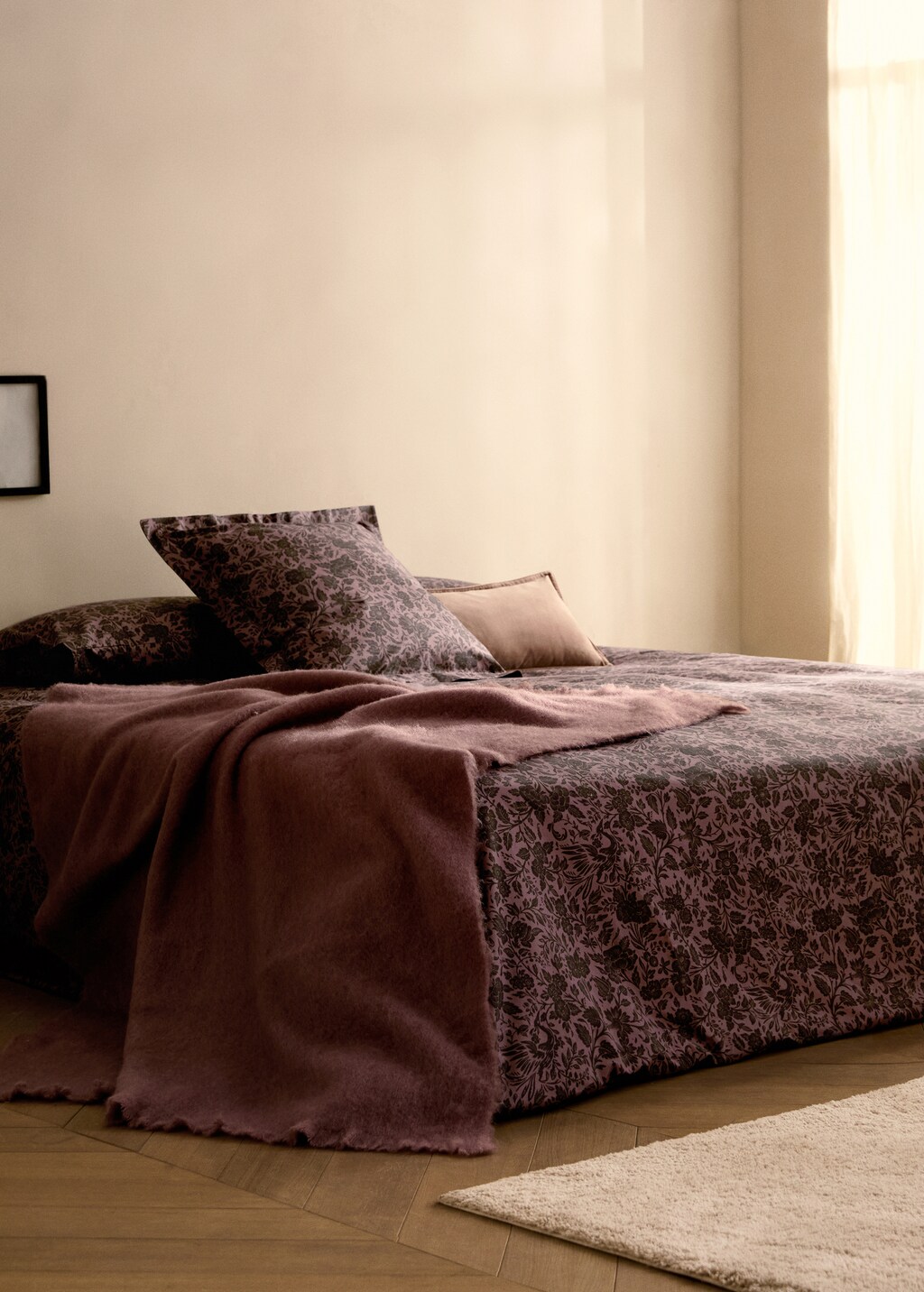 Cotton percale printed two-tone floral duvet cover for 90 cm bed - Khaki