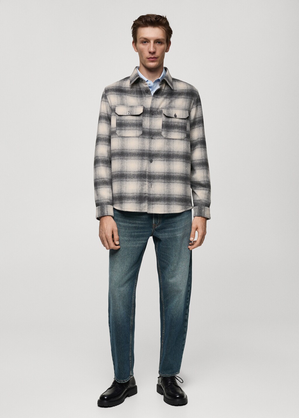 Plaid wool overshirt with pockets - Grey