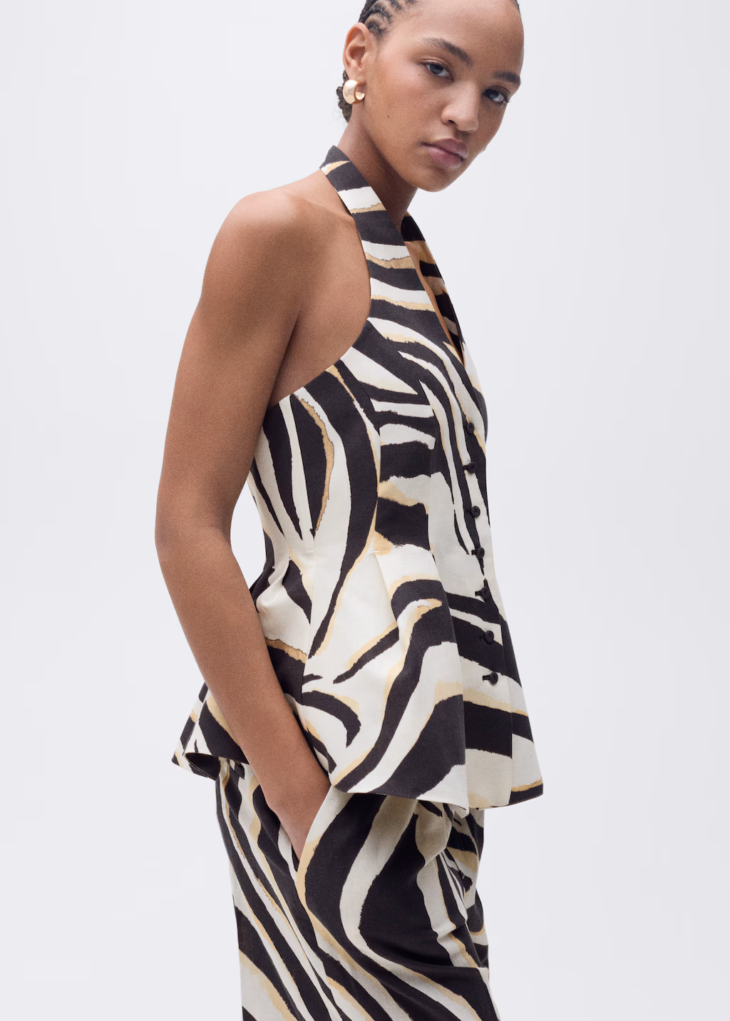 Zebra-print linen-blend waistcoat - Beige