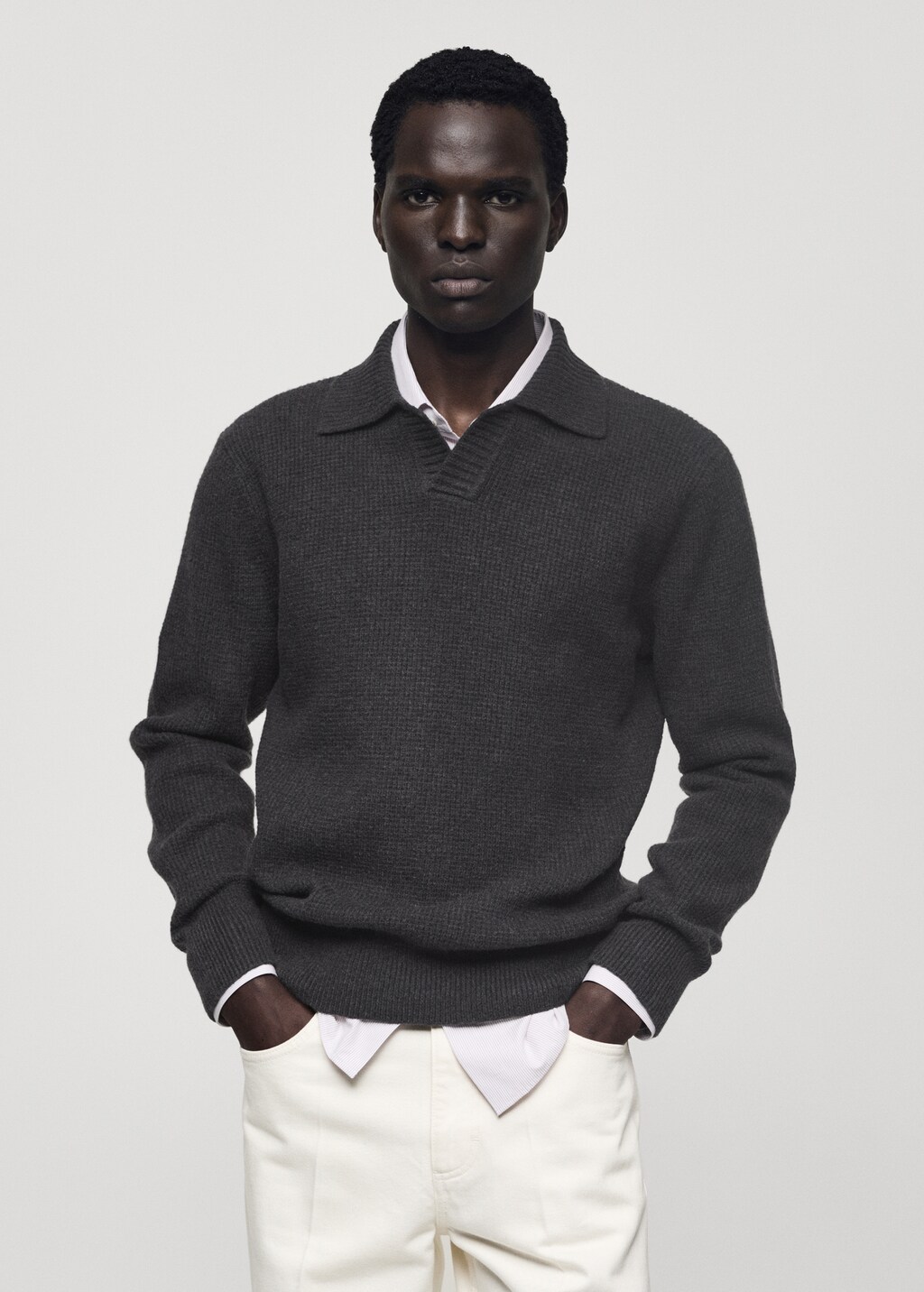 Knitted structured check polo sweater - Off White