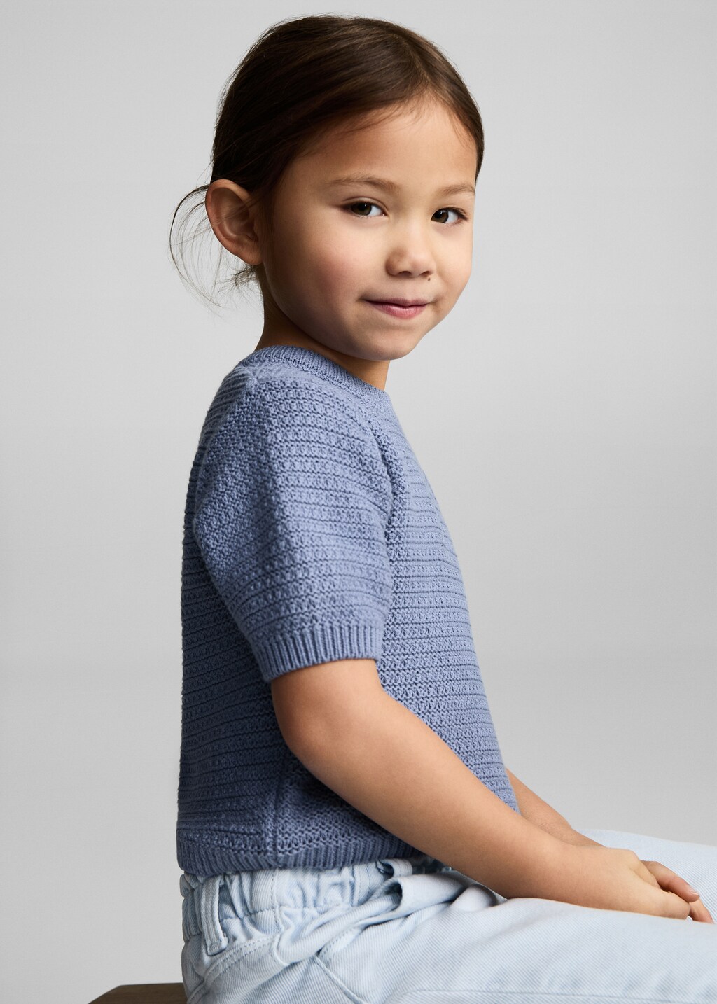 Short-sleeved knitted cotton sweater - Blue