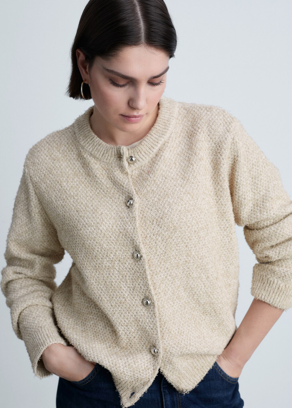 Chunky-knit jacket with buttons - Beige