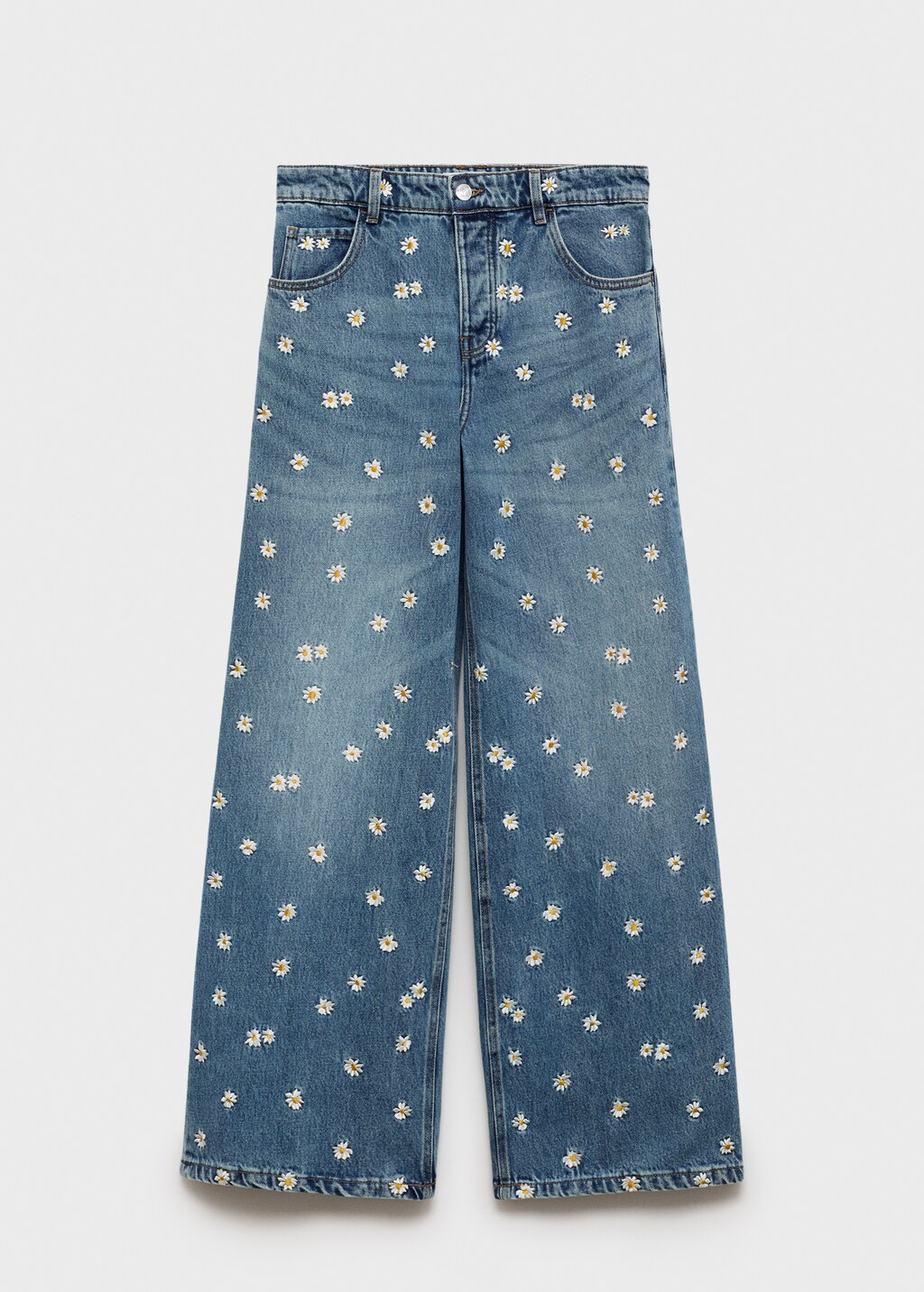 Flower-embroidered wideleg jeans - Medium Blue