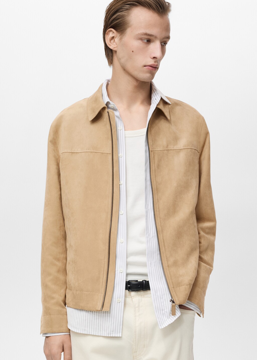 Suede-effect jacket with zip - Beige