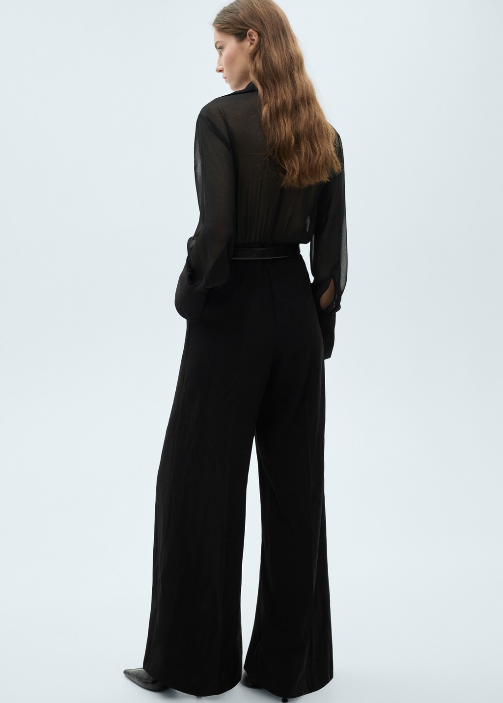 Wideleg jumpsuit with semi-transparent sleeves - Black