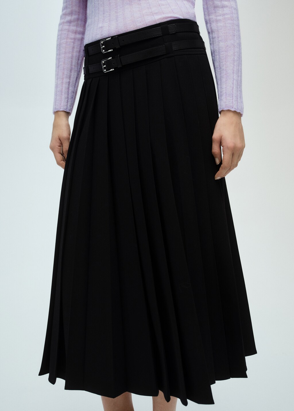 Double-belted pleated skirt - Black