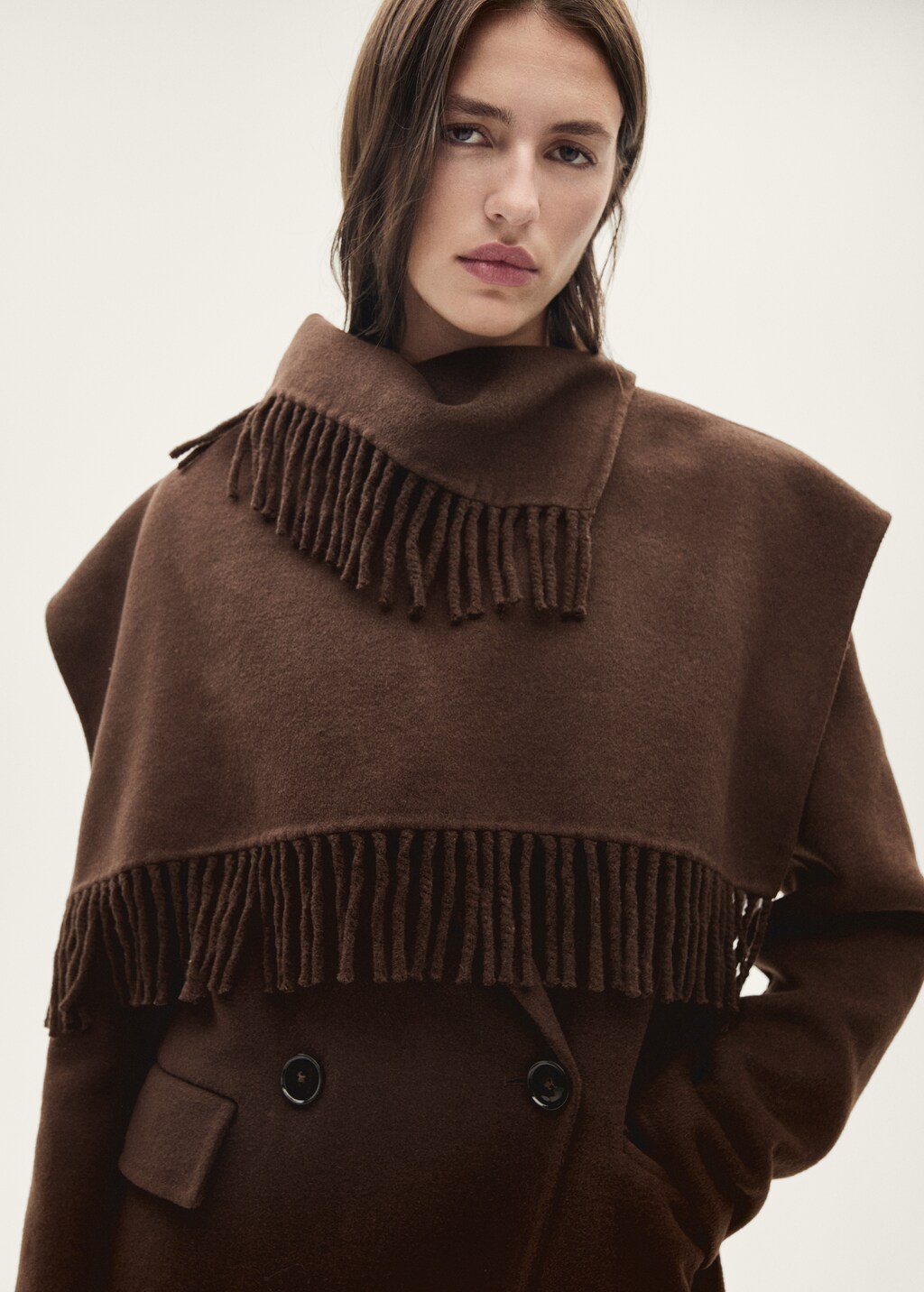 Wool coat with fringed scarf - Chocolate