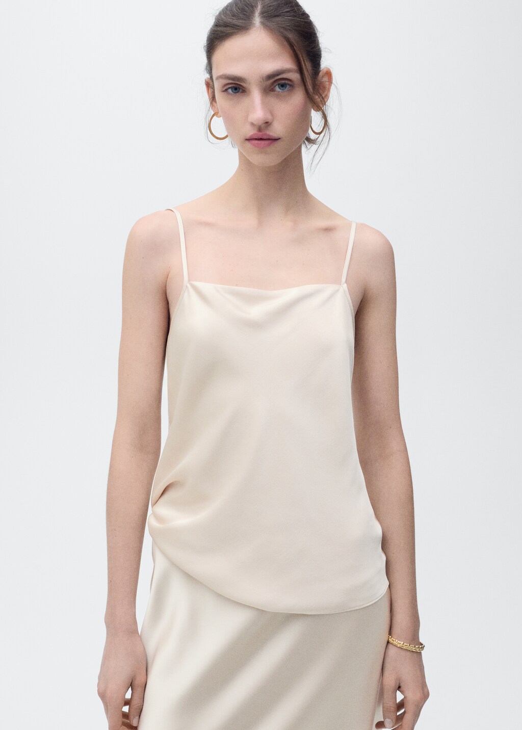 Satin top with draped neckline - Ecru