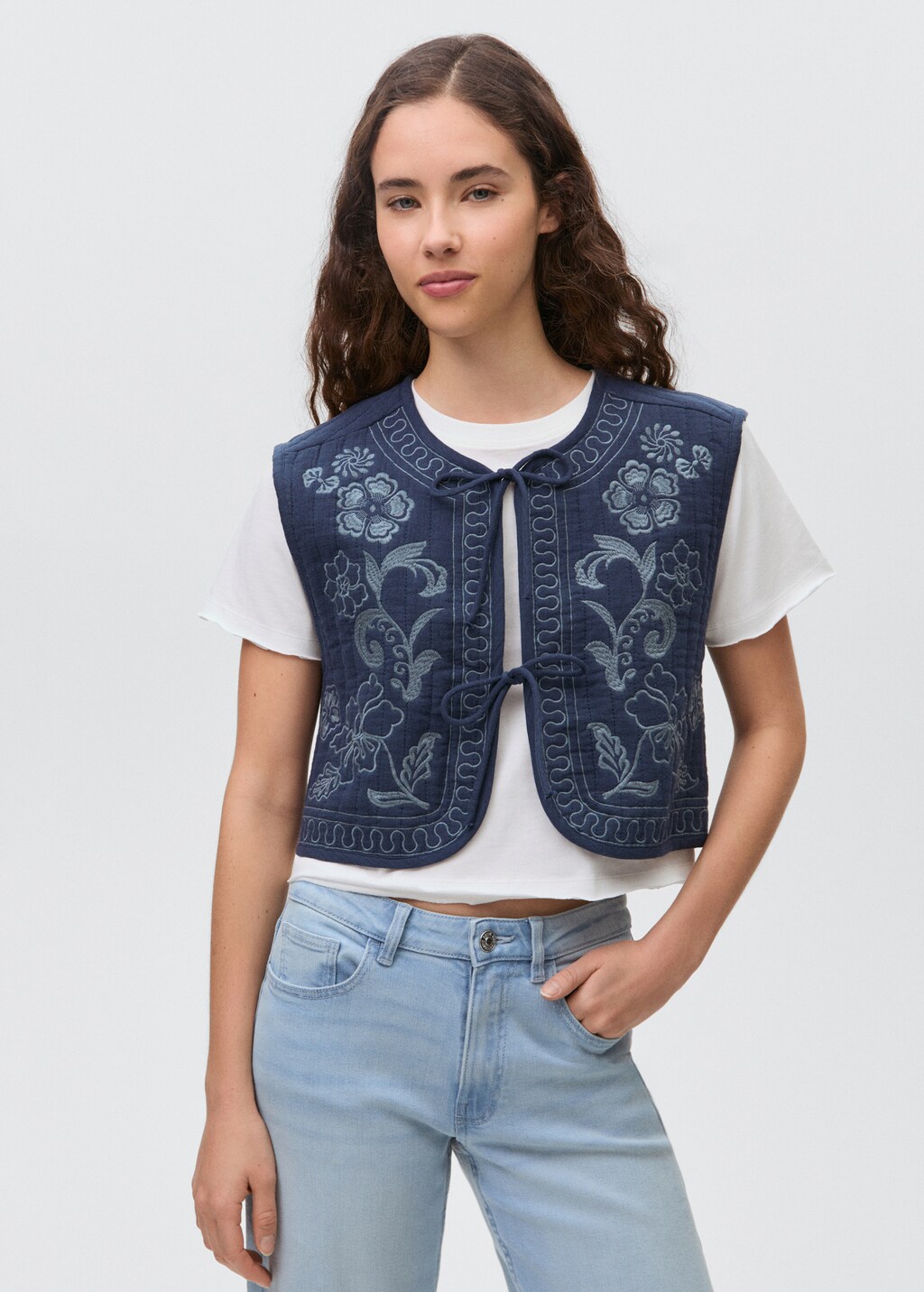 Embroidered cotton gilet - Dark Navy