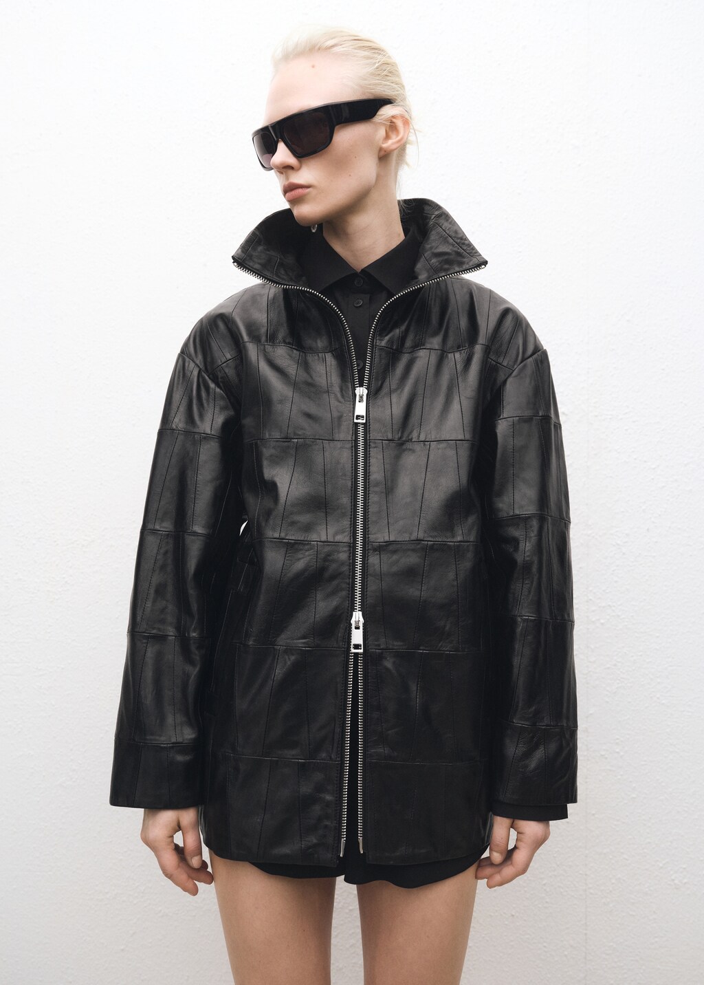 Oversized patchwork leather coat - Black