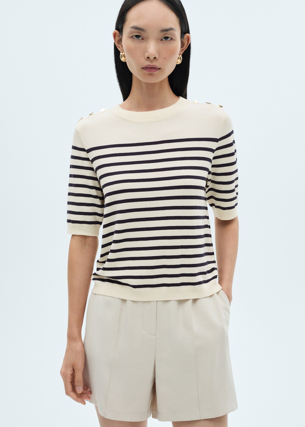 Buttoned striped T-shirt - Natural