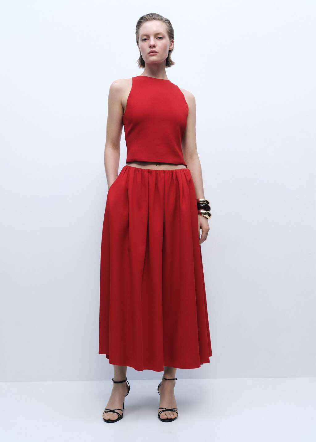 Long skirt with gathered waist - Red