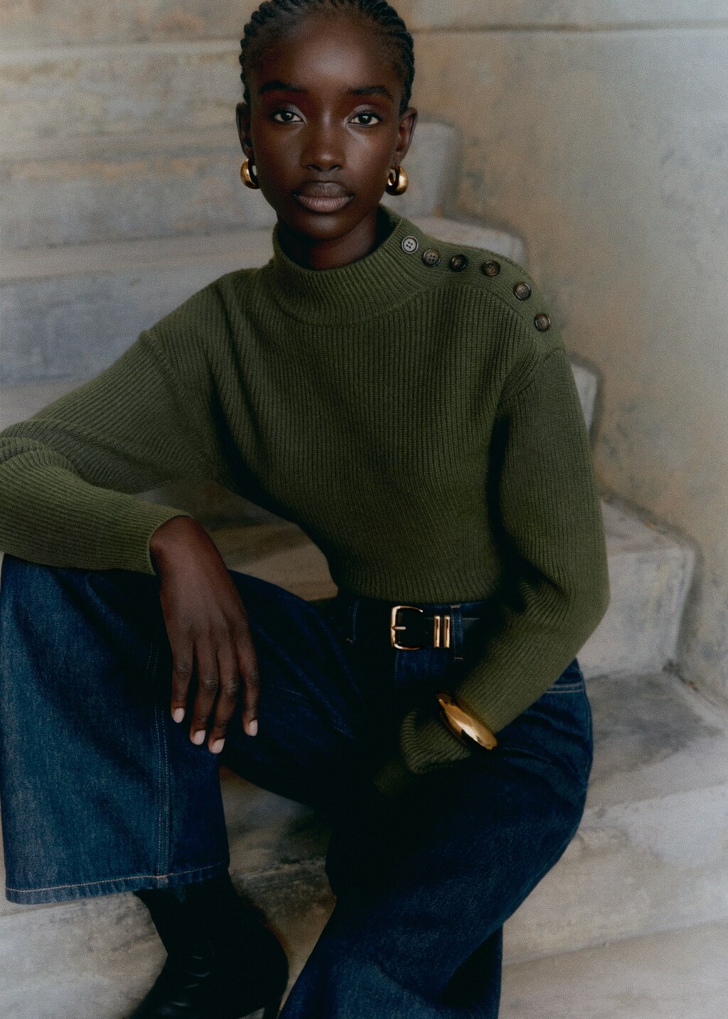 Shouder buttons ribbed sweater - Beige