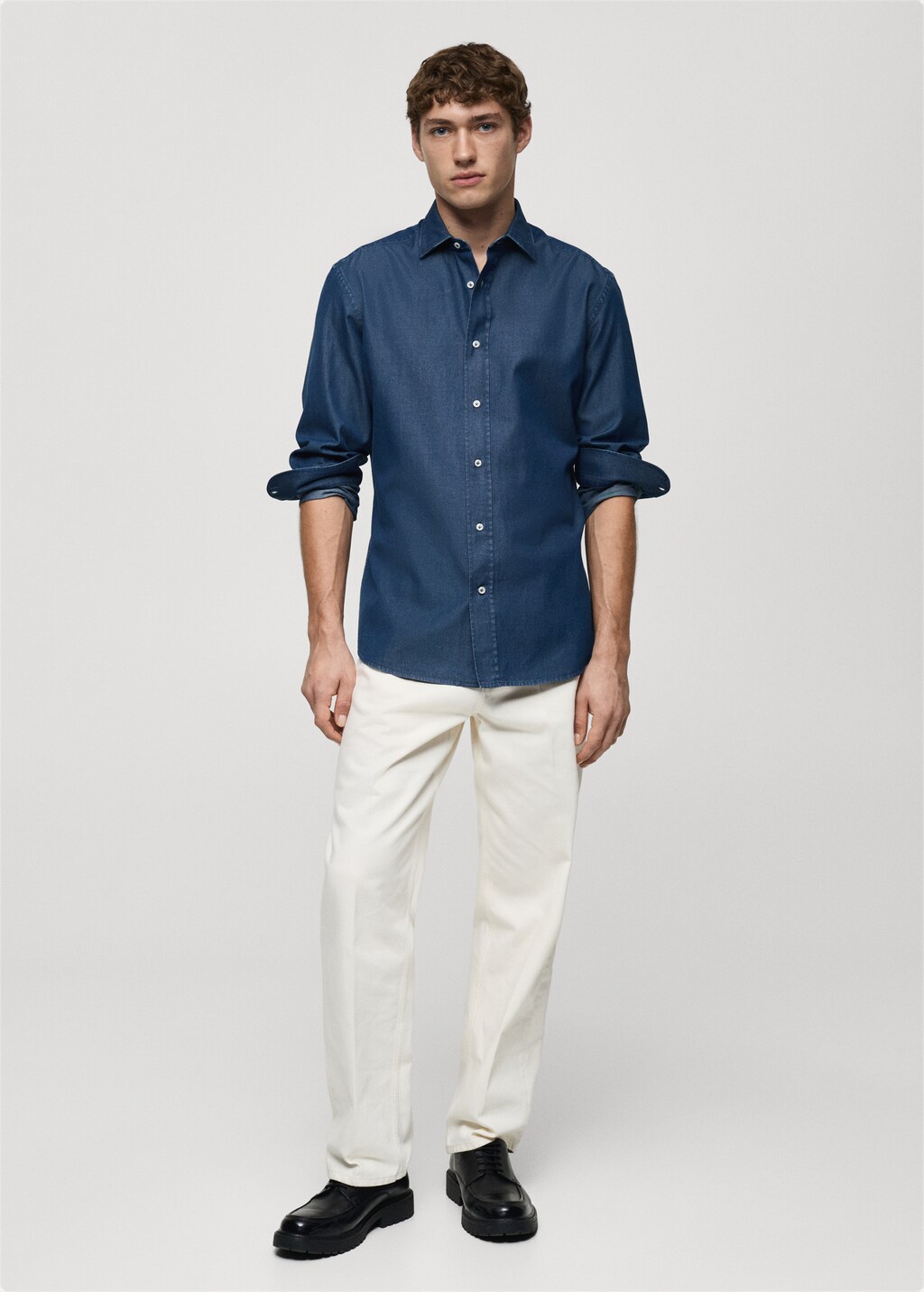 Slim fit cotton chambray shirt - Dark Blue
