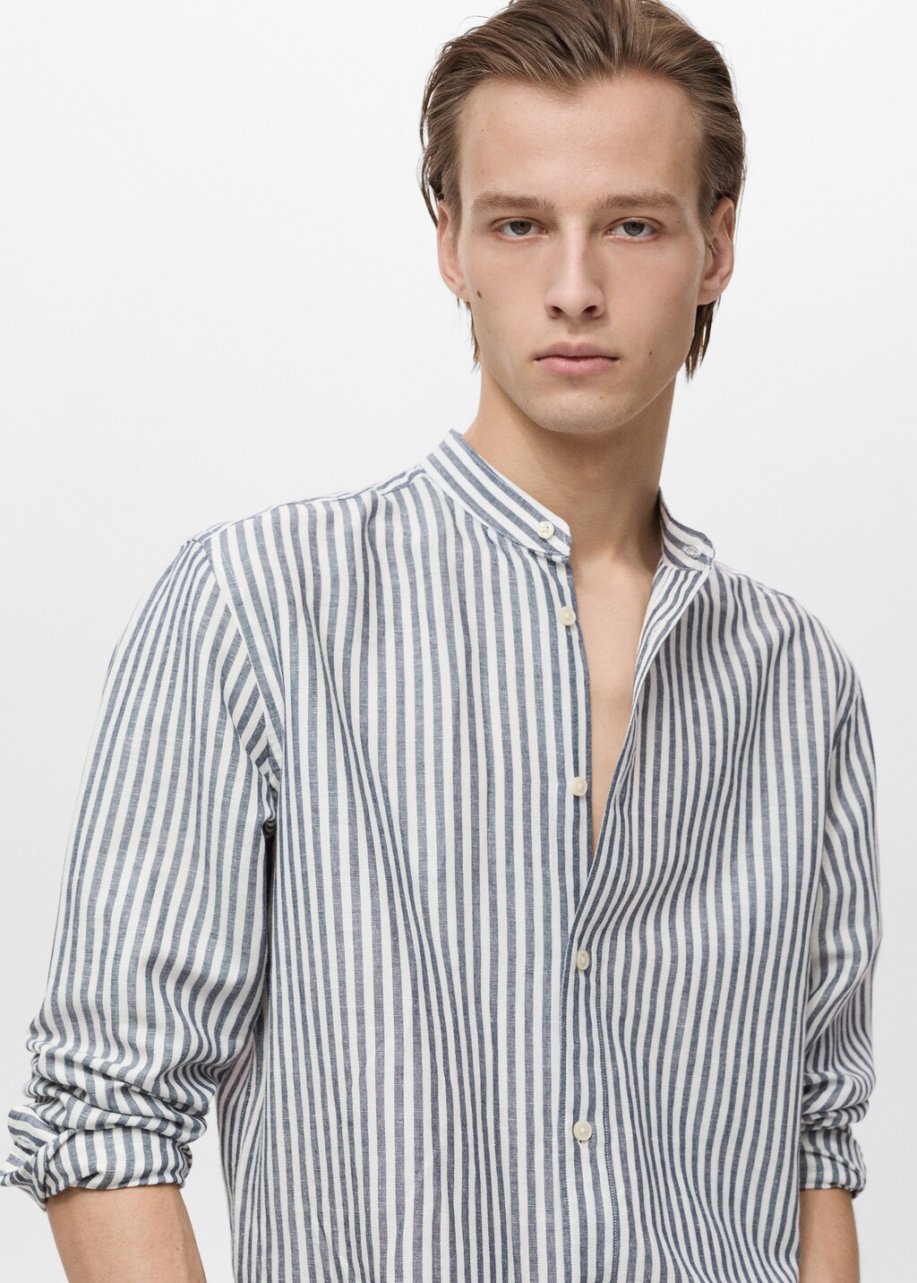 Striped mandarin-collar linen shirt - Dark Navy