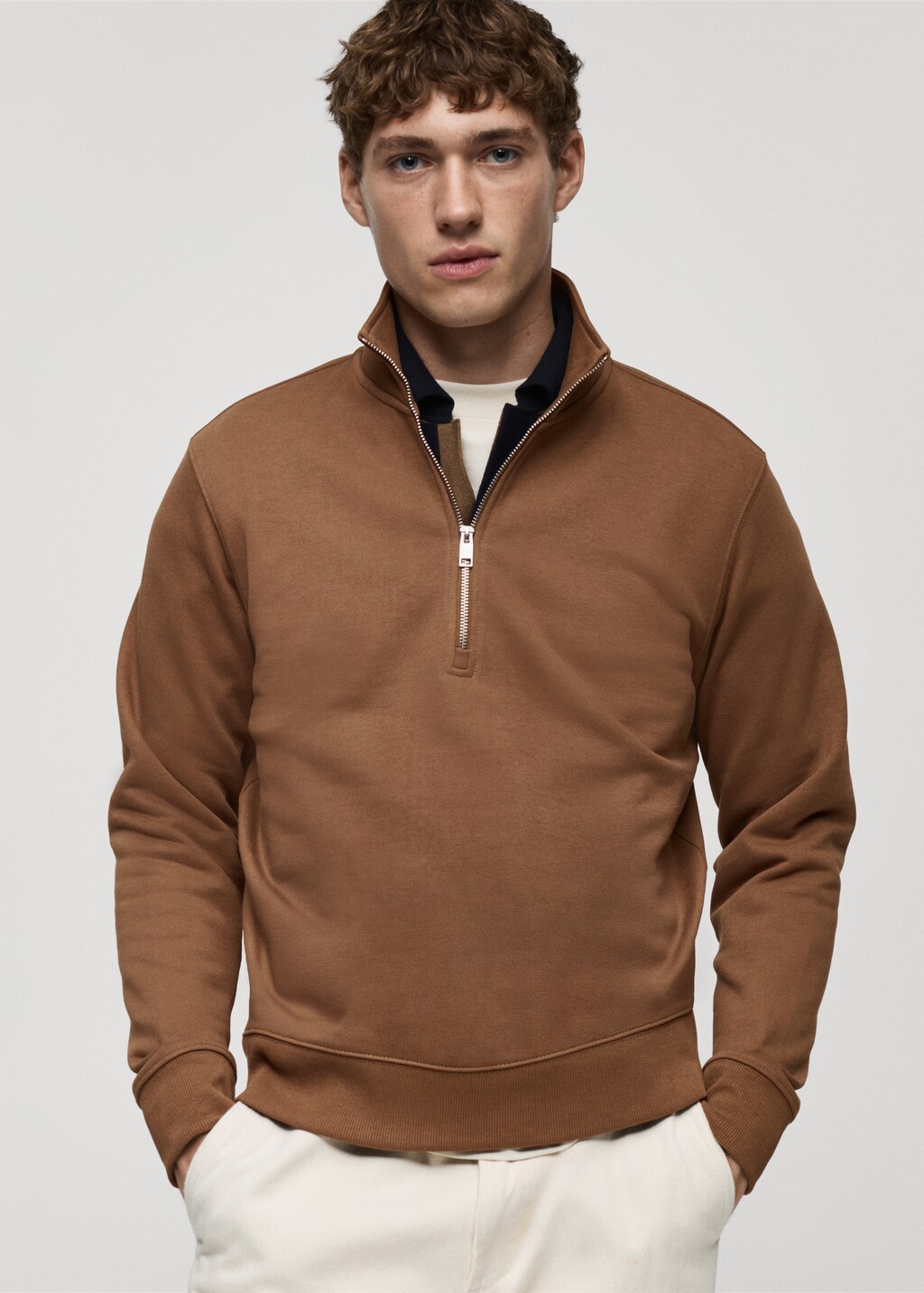 Regular-fit zip-neck sweatshirt - Ecru