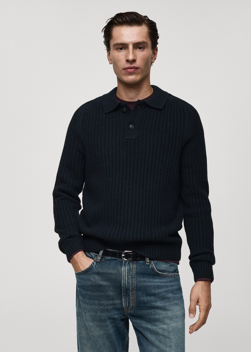 Ribbed polo-neck sweater - Dark Navy