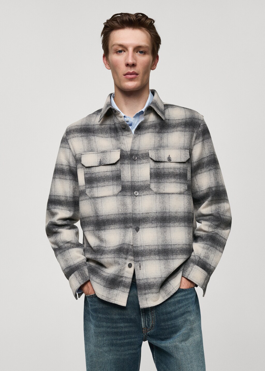 Plaid wool overshirt with pockets - Grey