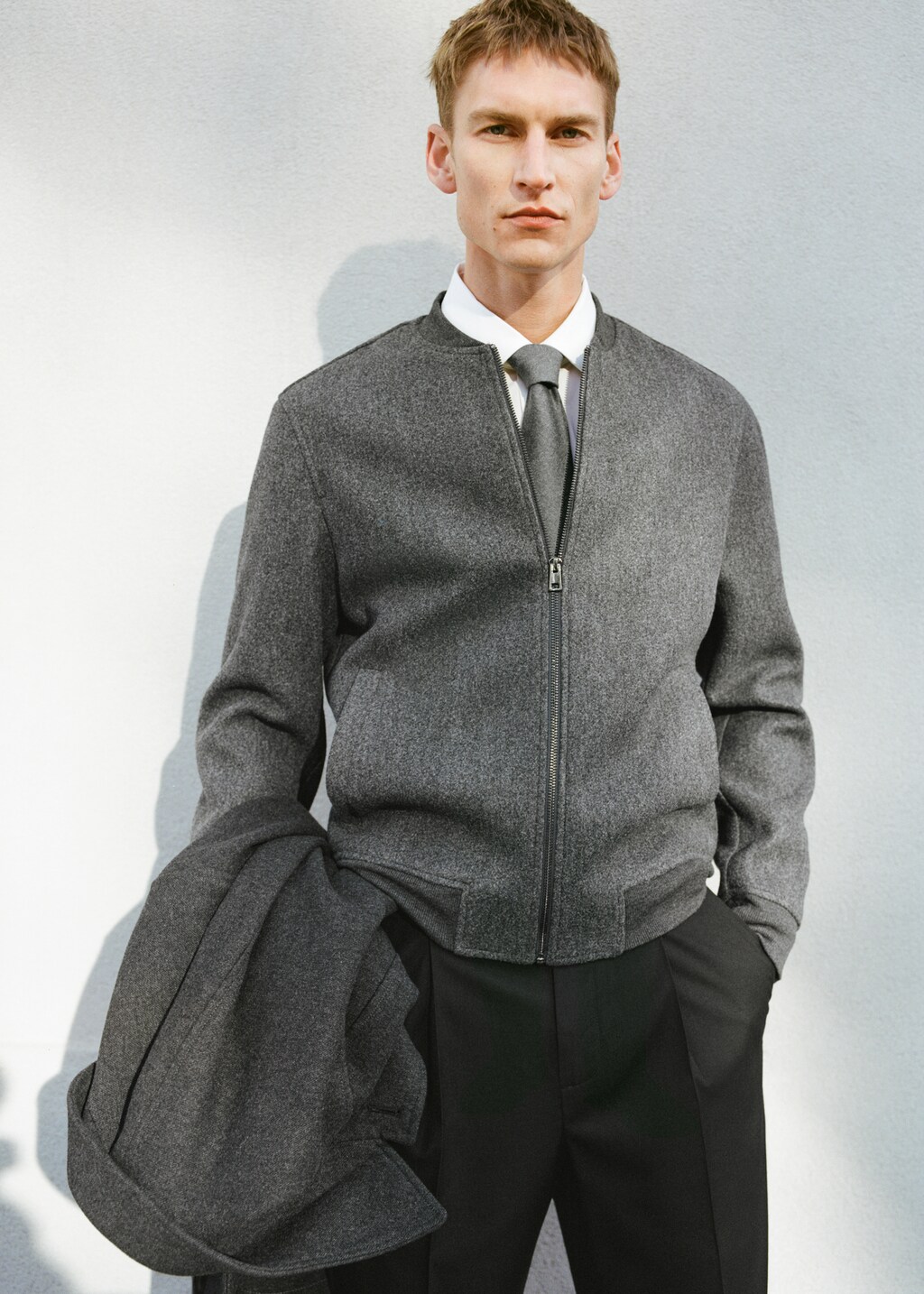 Regular-fit flannel bomber jacket - Dark Heather Grey