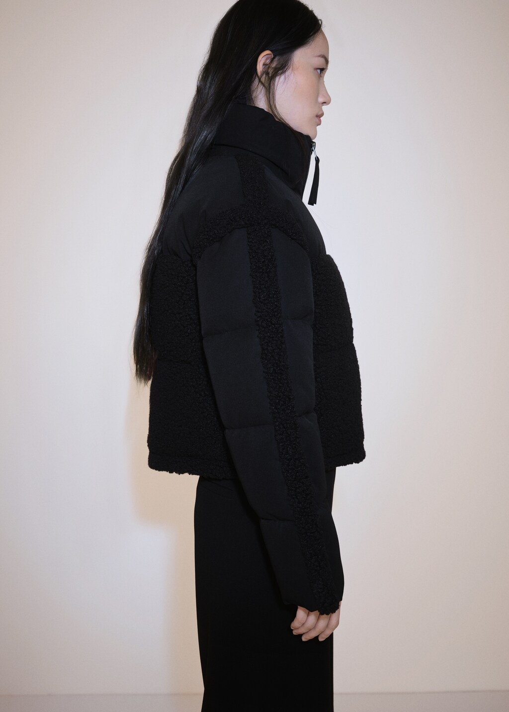 Padded anorak with bouclé panels - Black