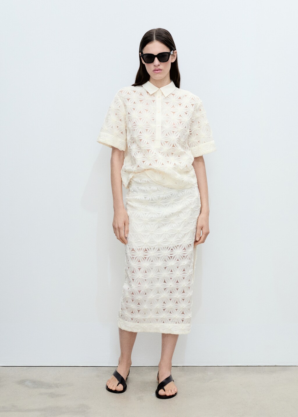 Openwork floral textured shirt - Ecru