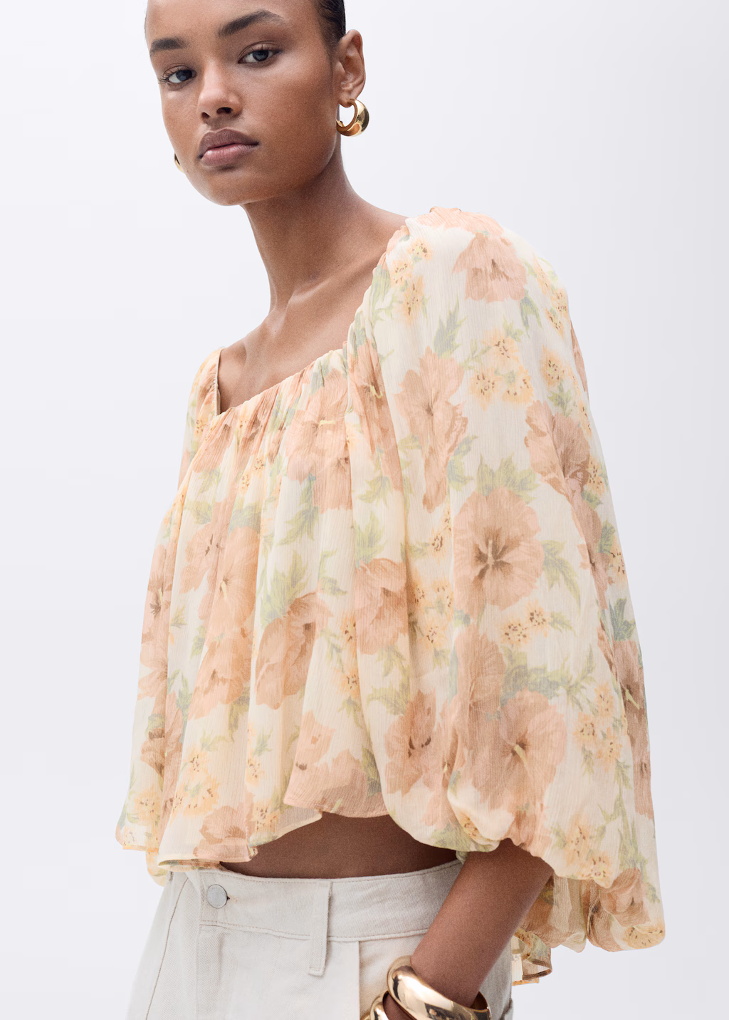 Open-back floral blouse - Ecru