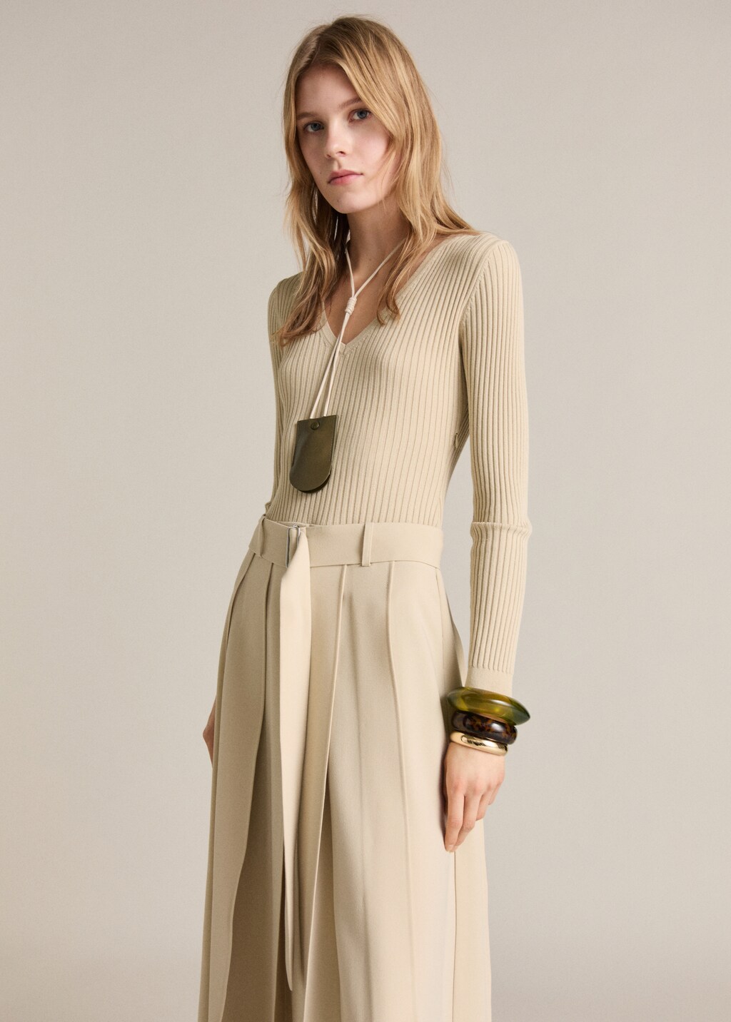 Combined woven dress with belt - Ecru