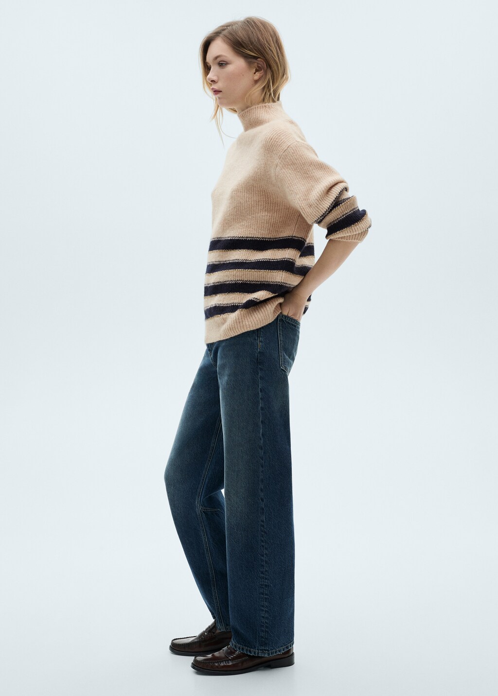 Striped sweater with perkins neck - Dark Navy