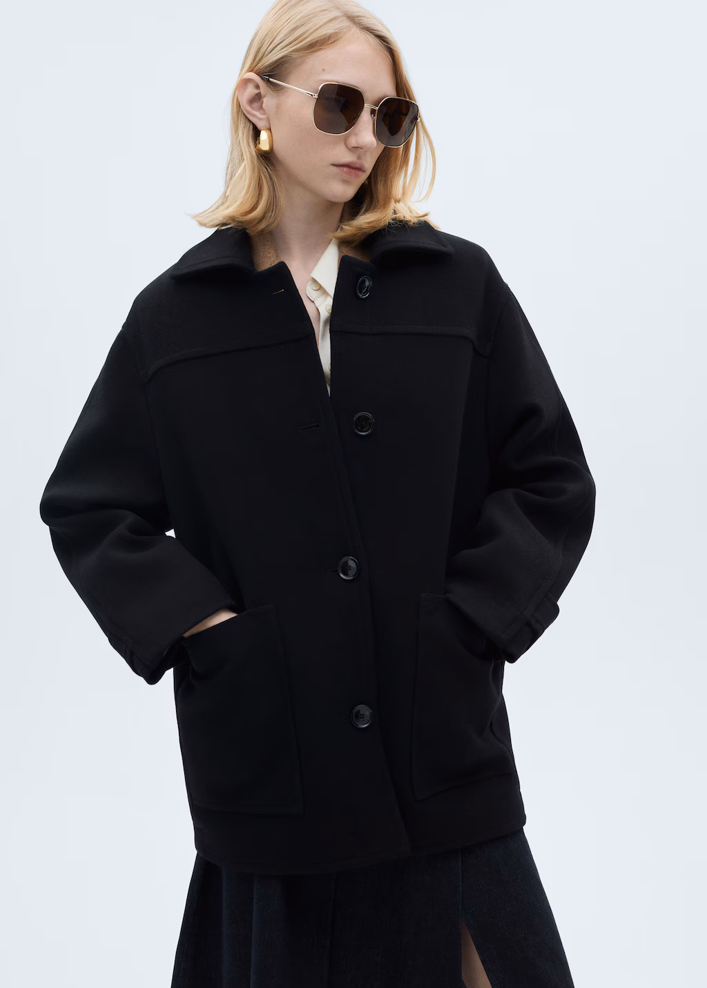 Midi wool coat with buttons - Black