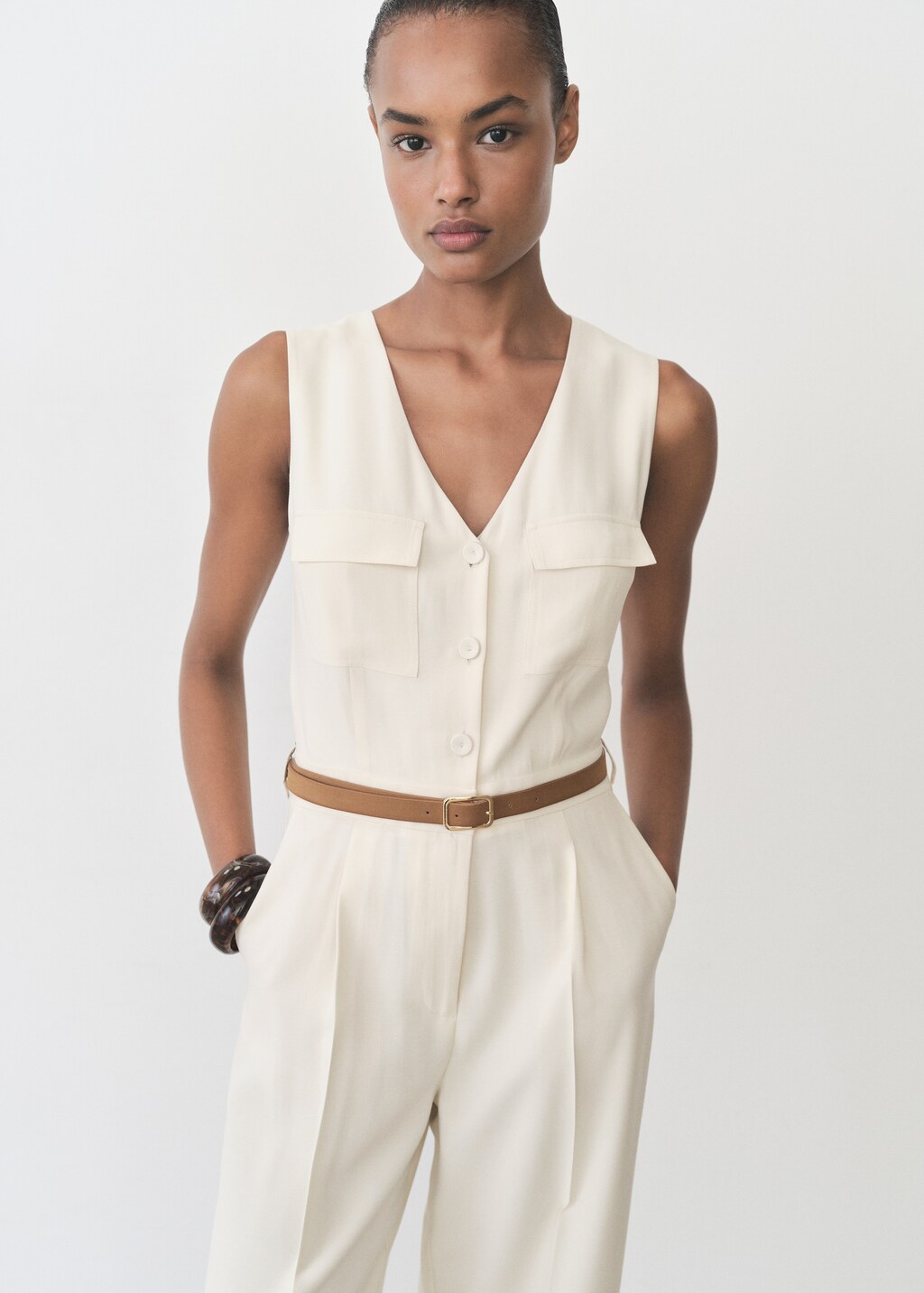 Belt long jumpsuit - Ecru