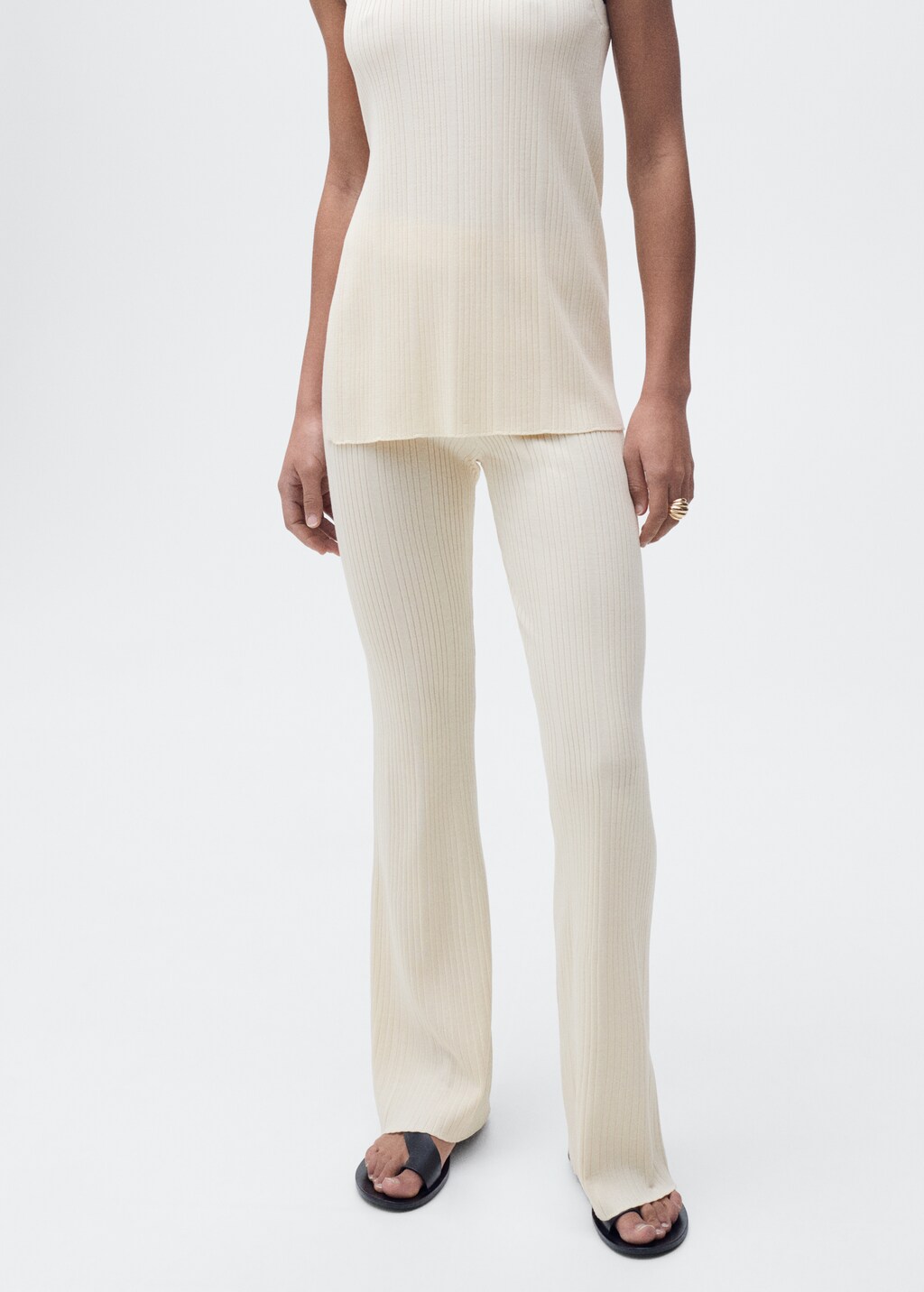 Flared rib-knit trousers - Ecru