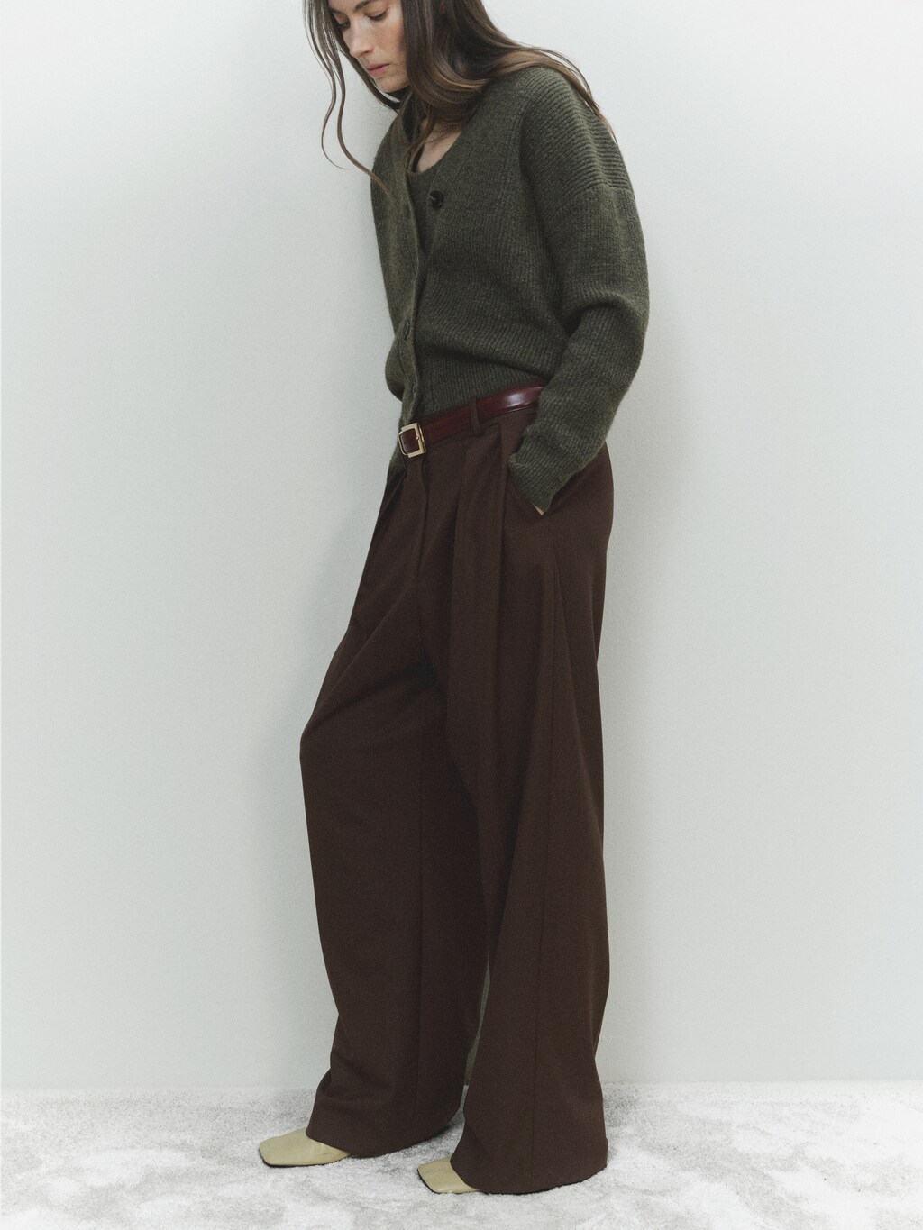 V-neck ribbed cardigan - Khaki