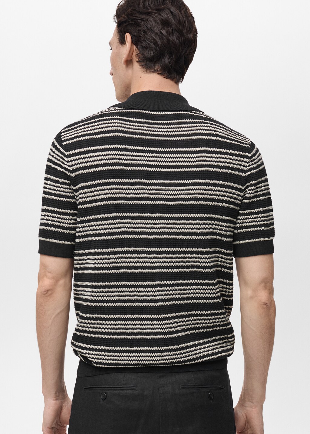 Striped braided knit polo shirt - Black