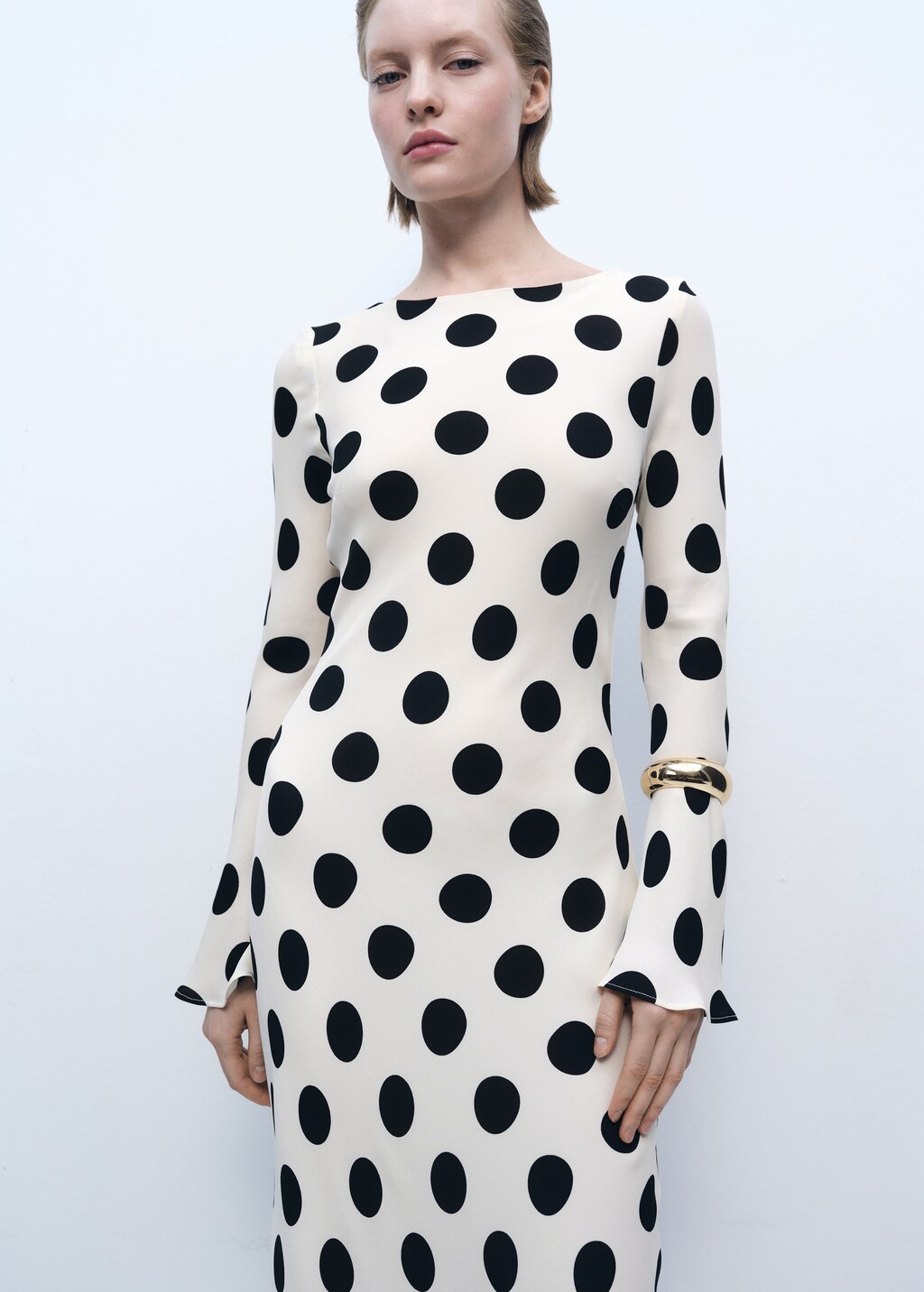 Flared sleeve polka-dot dress - Ecru