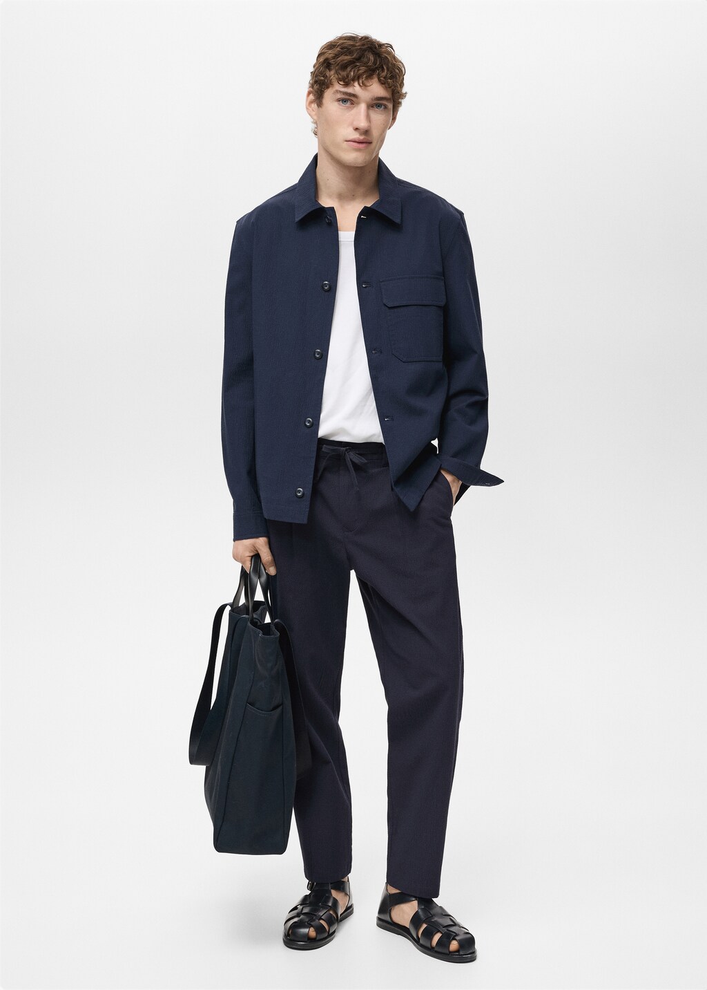 Seersucker cotton trousers - Night Blue