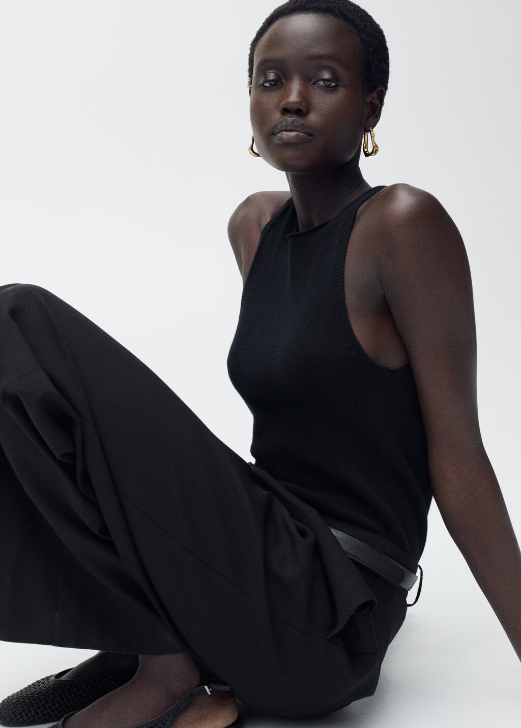 Combined-fabric jumpsuit with belt - Khaki