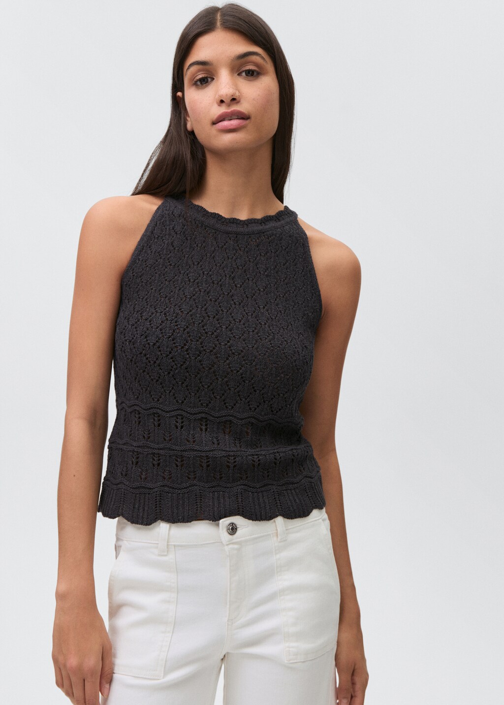 Broderie anglaise panel top - Charcoal