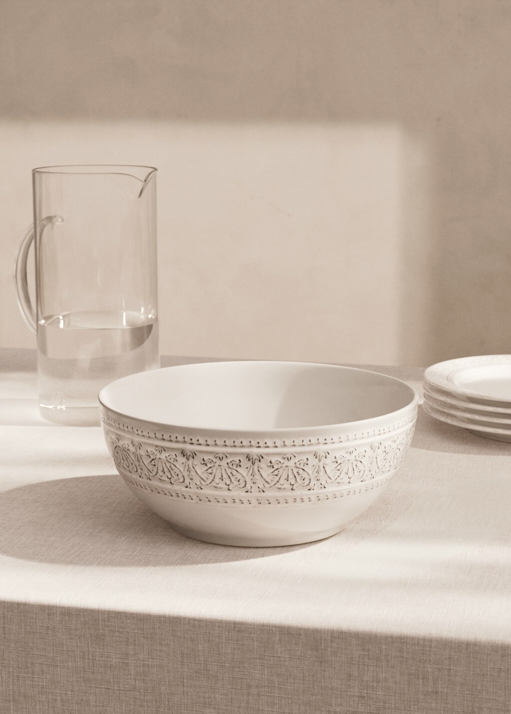 Stoneware salad bowl with decorative trim - Off White