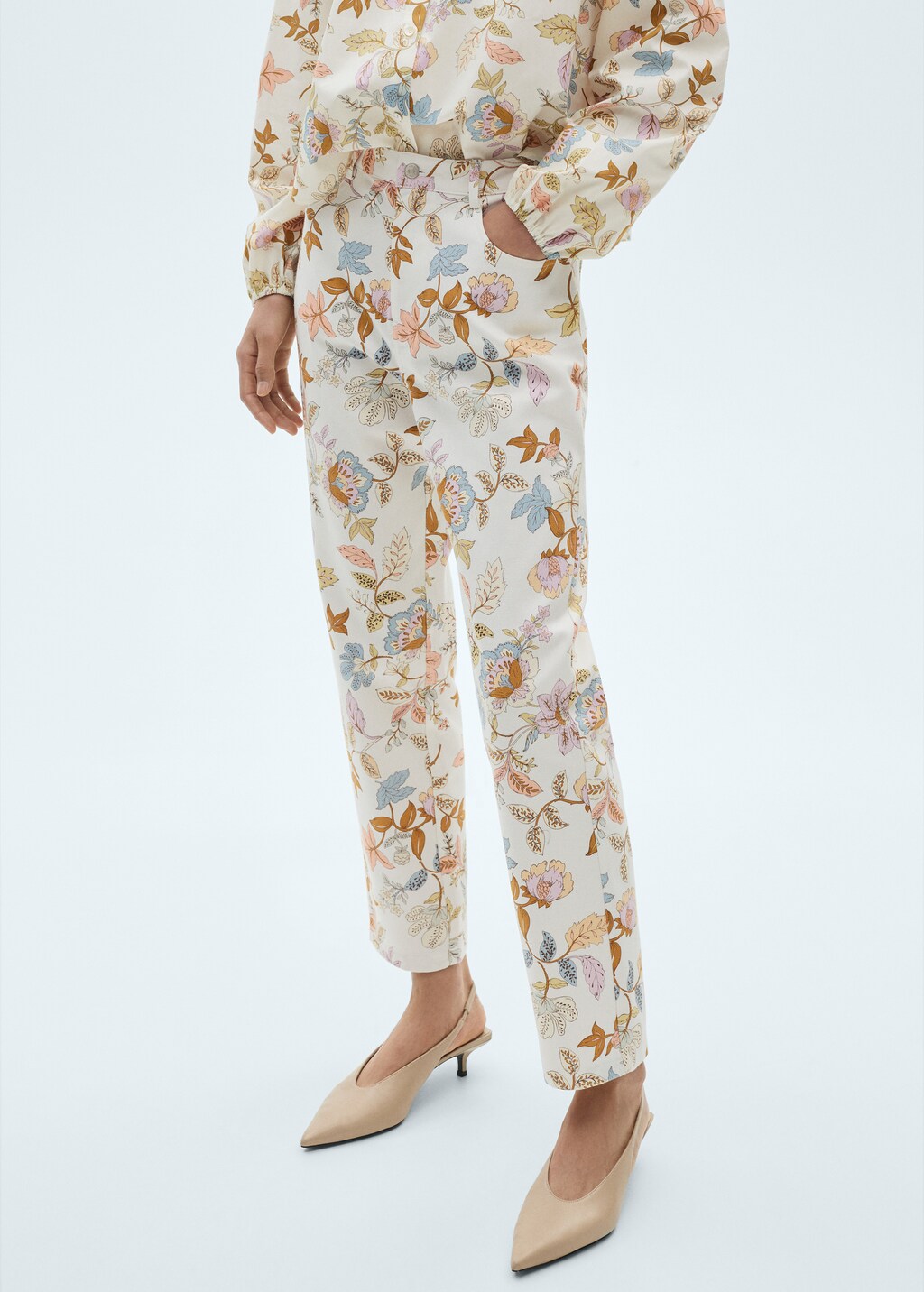 Floral print straight trousers - Ecru
