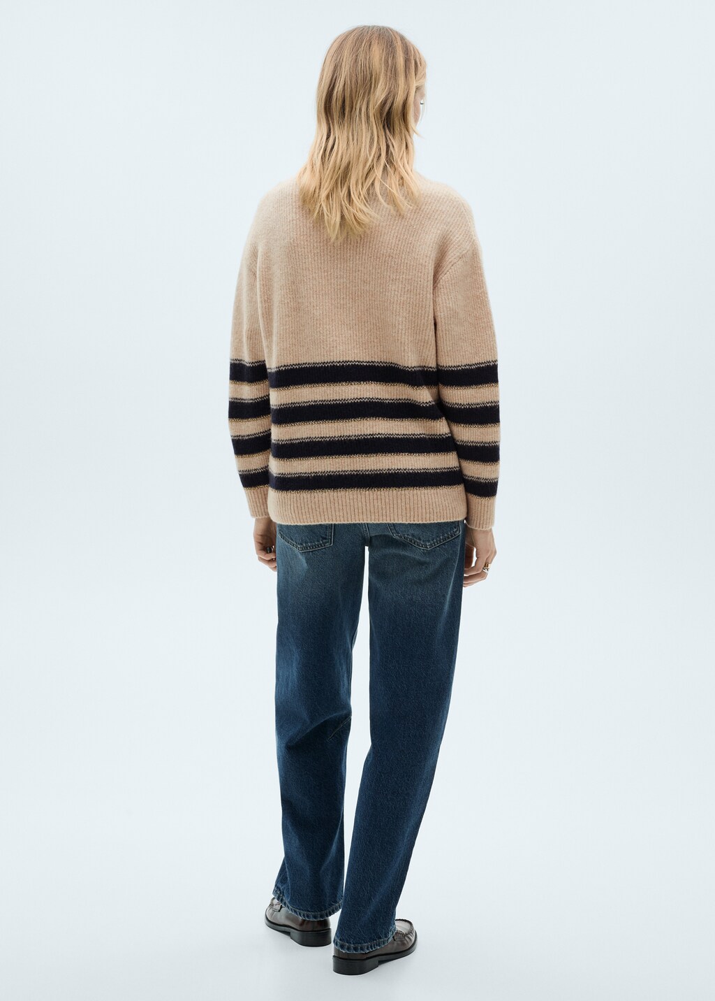 Striped sweater with perkins neck - Dark Navy