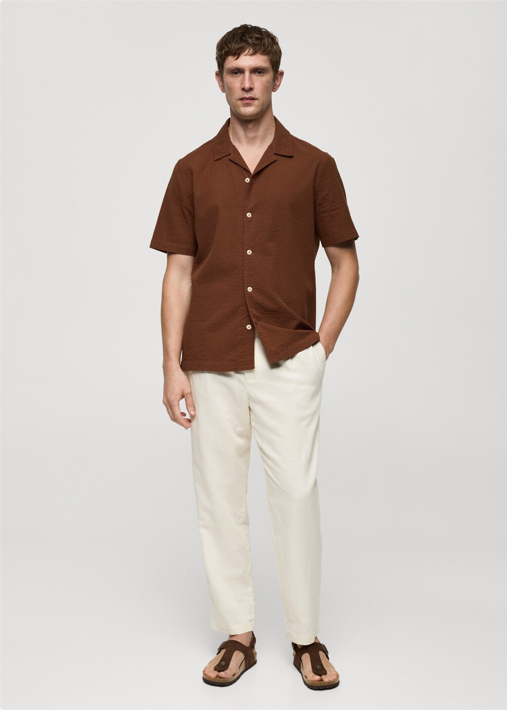 Regular-fit 100% seersucker cotton shirt - Burgundy