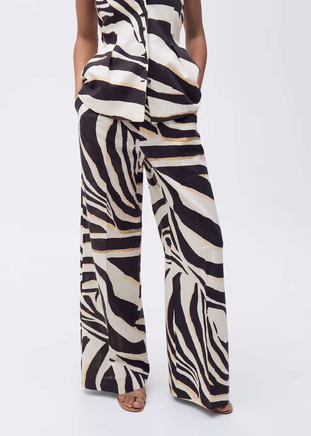 Zebra-print pleated wideleg trousers - Beige