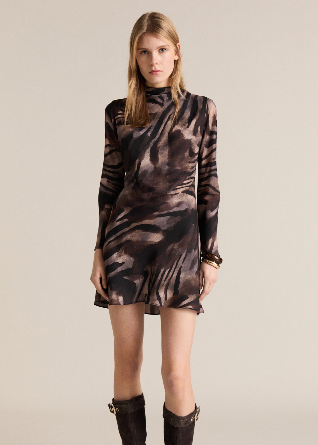 Zebra back bow satin dress - Brown