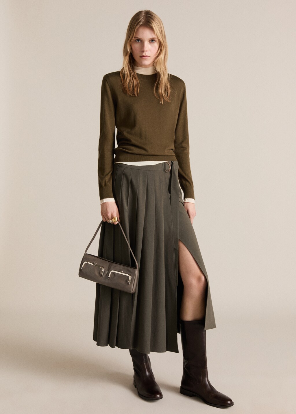 Pleated skirt with belt - Khaki