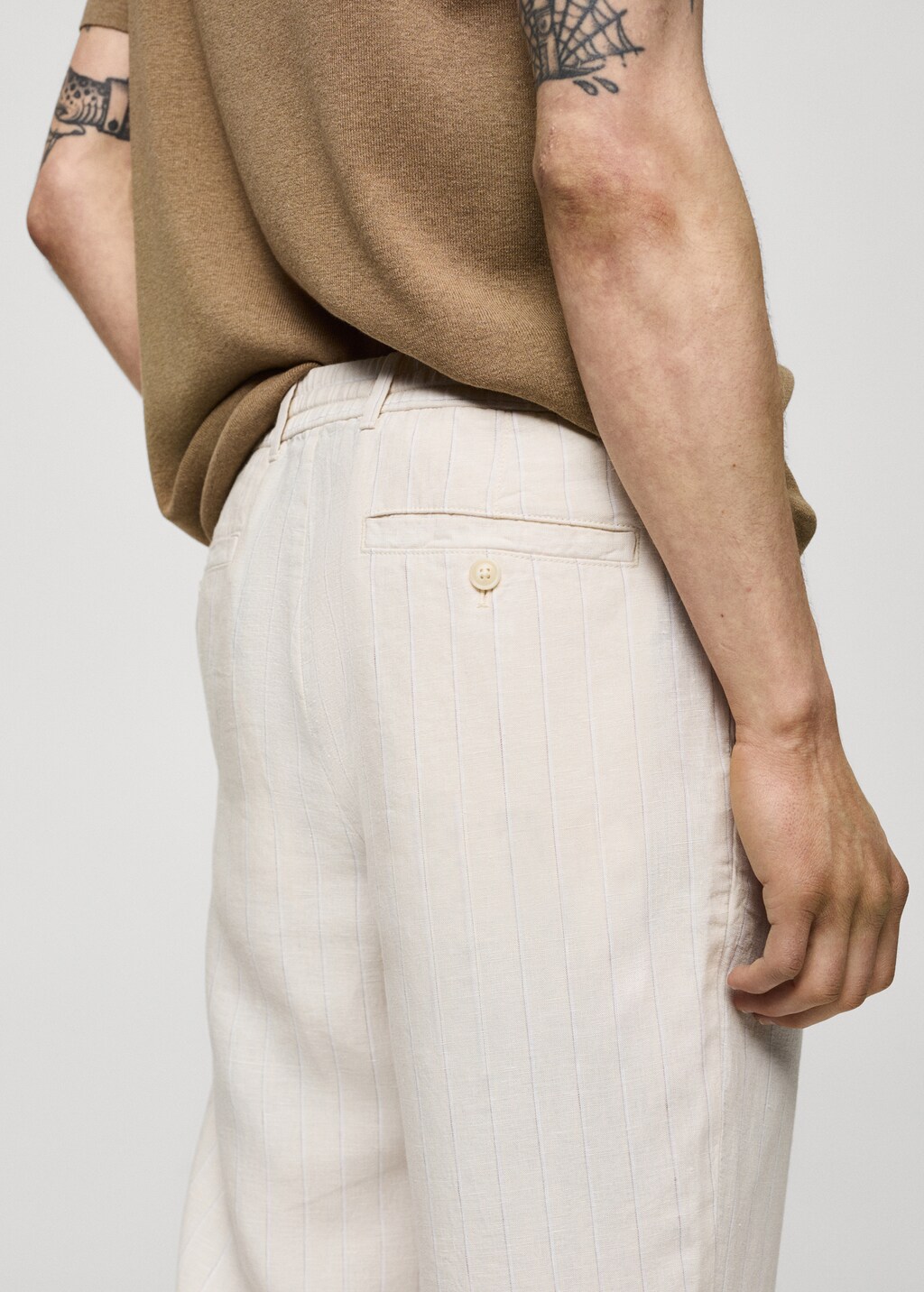 Linen-blend striped trousers with drawstring - Khaki